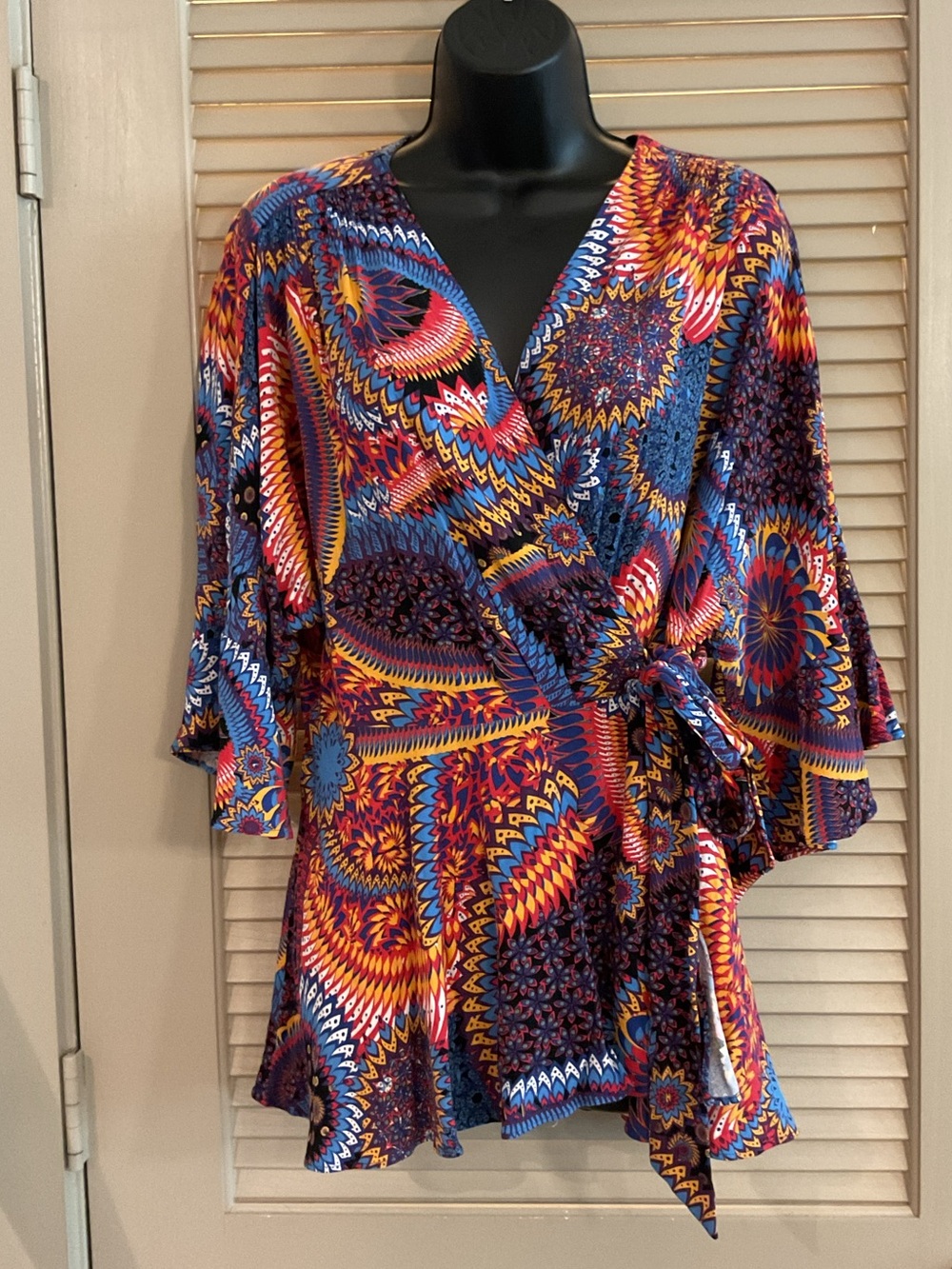 Maeve Multicolor Floral Kaleidoscope Wrap Blouse - Blue, Orange, Purple